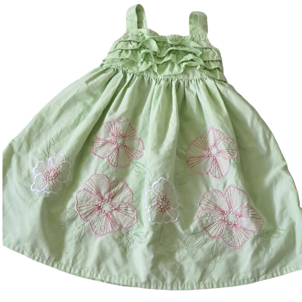 Bon Bebe Green With Pink Embroidered Flowers Sleeveless  Dress Size 6